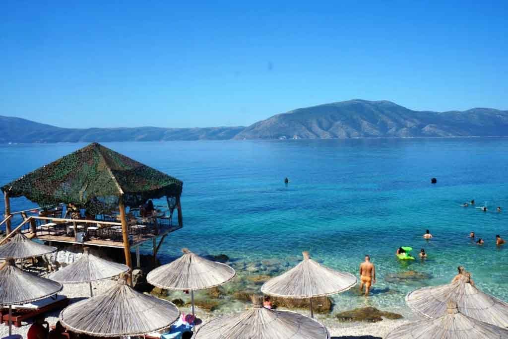 View of crystal clear waters of Radhima Beach in Vlore, Albania